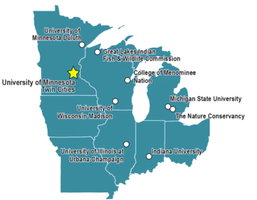Map of the MW CASC region, which includes Minnesota, Wisconsin, Michigan, Iowa, Missouri, Illinois, Ohio, and Indiana.
